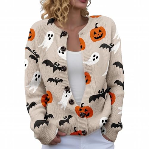 Halloween Sweaters for Women 2025 Funny Ghost Spooky Pumpkin Print Fall Winter Long Sleeve Button Knit Cardigan Sweater