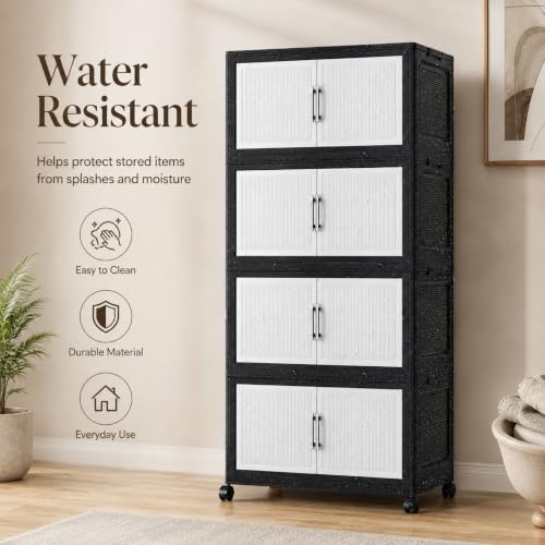 Image of KRISHYAM 4-Layer Plastic Storage Cabinet with 8 Doors & Wheels, Multipurpose Clothes Organizer, Modular Cupboard for Bedroom, Kids Room & Home, 140 x 66 x 38 cm, Black White