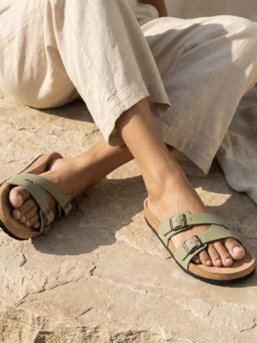 Image of Indifeet Daily Use Stylish Buckle Casual Cork Sandals for Women | Comfortable Arch Support Slippers with Adjustable Double Straps, Daily Use Flats, Light Weight Slides, Office, Outdoors, Home