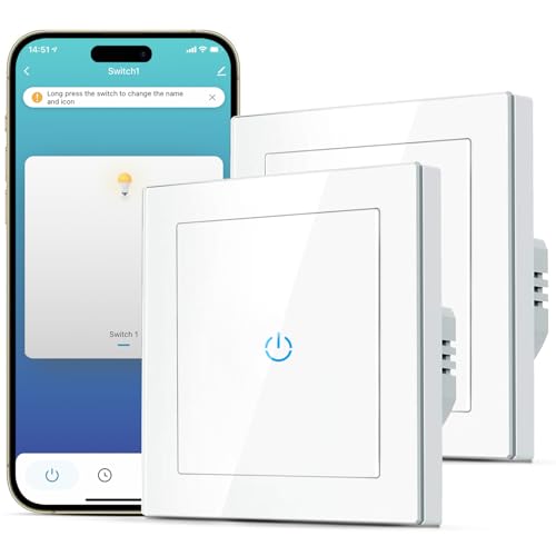 SMARTERCURRY Smart WLAN Lichtschalter 1 Fach 1 Weg Alexa Lichtschalter, gehärtetes Glas Touch Lichtschalter, Timing-Funktion, Weiß, Neutralleiter Erforderlich, 2 Stücke