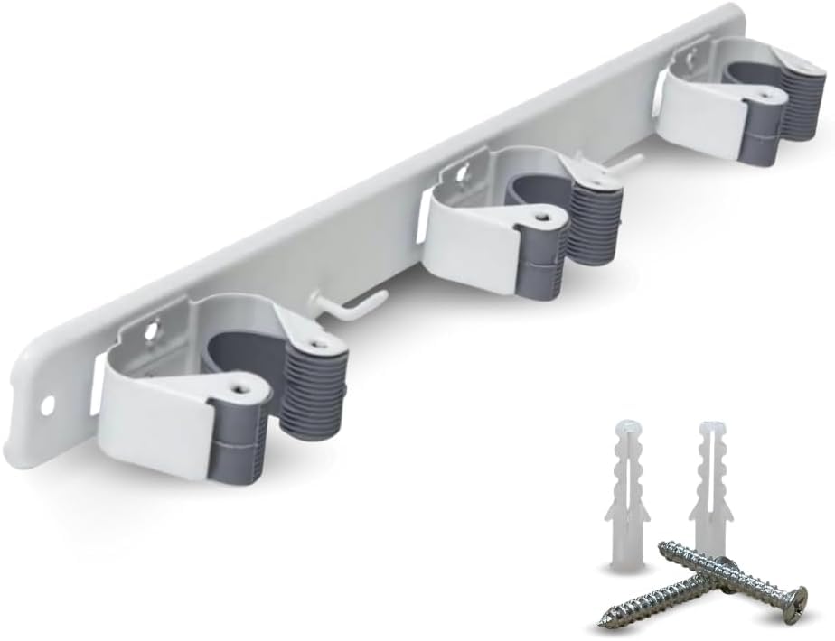 PARENCE.- Supporto da Parete a Triplo avvitamento per Scopa e Accessori - Gancio per Scopa 3 Supporti + 2 Ganci - 37cm