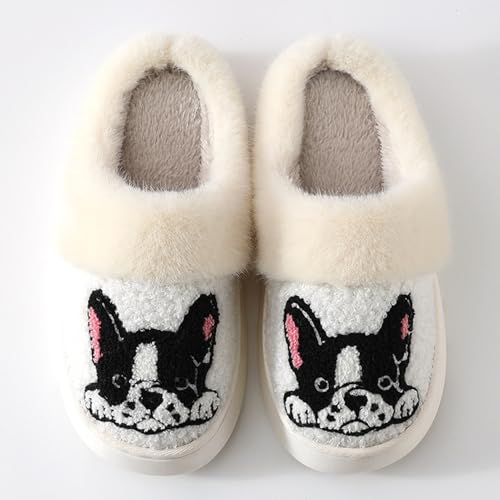 Women's Men's Cute Animals Bulldog Slippers Comfy Warm Plush Slip-On House Slipper for Winter Indoor Soft Cushion Non-Slip Thick Sole Fluffy Slides Slippers(38/39 EU, White)4
