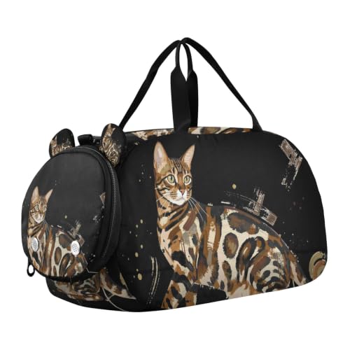 Bolsa de lona para viaje de fin de semana con diseño de Gato Bengala y espacio para zapatos