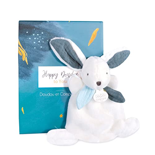 DOUDOU ET COMPAGNIE - Mini Doudou Lapin Happy Pop - 17 cm - Collection Happy Pop - Blanc Bleu - Pompon et Peluche Douce - Idée Cadeau Naissance Filles Garçons - Éveil...