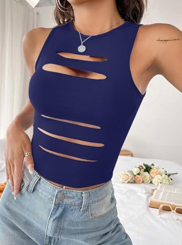 Image of LovelyWholesale Women Sexy Cut Out Crop Tank Tops Crew Neck Summer Sleeveless Top
