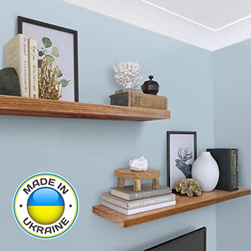 Wood Floating Shelves Set Of 2-Rustic Shelf 24 Inch Wide Wooden Wall Shelves For Living Room Bedroom Kitchen Bathroom Farmhouse, Teak Color, 24" X 6.5" #TOP4