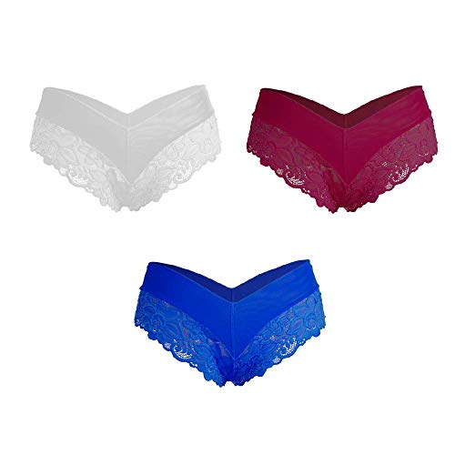 Besame Women Sexy Lingerie Cheeky Lace Hipster Panties Underwear Pack Of 3 White Wine Blue (L) #TOP2