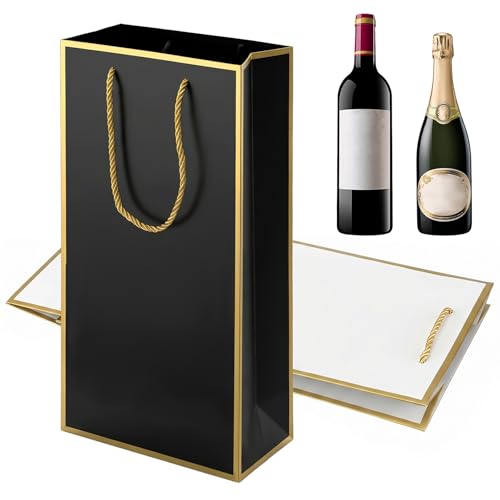2 Pcs Double Wine Gift Bags 7x3.5x13.8 Inch Wine Paper Bag with Gold Foil Reusable Liquor Bag for 2 Bottles Sturdy Handle Gift Bags for Party Wedding Birthday (Black/White with Gold Trim)