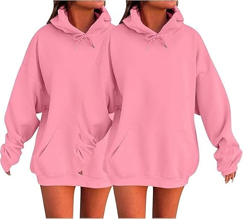 Image of HUIFUAO Custom Sweatshirts for Women Oversized Teen Girls Hoodies Trendy Autumn Pullover Solid Color Long Sleeve Tops With Pockets (Pink + Pink, XL)