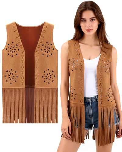 PARTTELY Fringe Vest 70s Outfits for Women Sleeveless Cowgirl Western Faux Suede Tassel Leather Outerwear for Hippie Festival