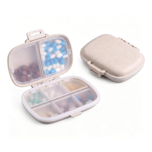 Image of ZIBUYU Travel Pill Box, Food Grade Wheat-straw Medicine Case 8-Compartment Medicine Storage Box with Divided Clear Lid, Secure Seal Pill Box for Tablets, Supplements, Vitamins (Beige)
