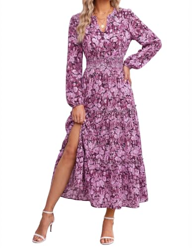 Image of GRACE KARIN Women's Floral Maxi Dress 2026 Fall Long Sleeve V Neck Empire Waist A Line Flowy Dress with Pocket
