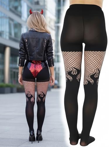 Image of ToBeInStyle Women's Flame Burning Fire Tights w /Devil-Inspired Print Hosiery