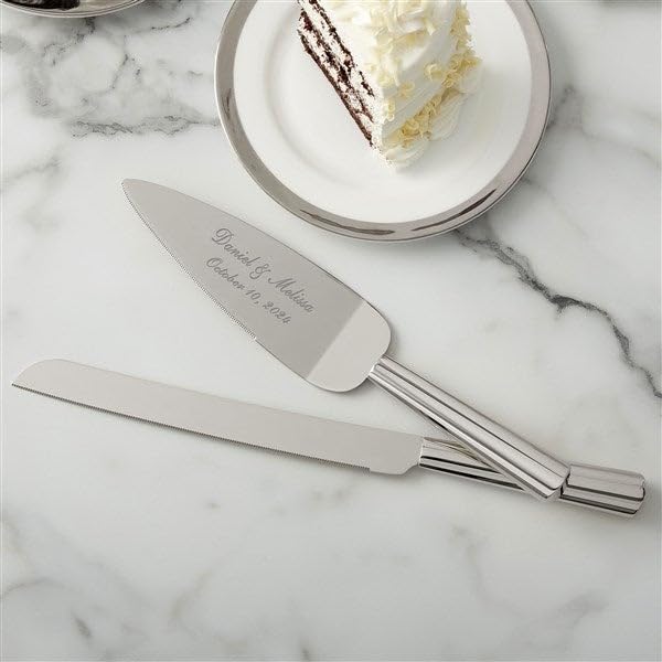 Personalization Universe Personalized Classic Silver Engraved Wedding Cake Knife & Server Set, Cake Cutting Serving Set with Custom Names and Message, Wedding Essentials