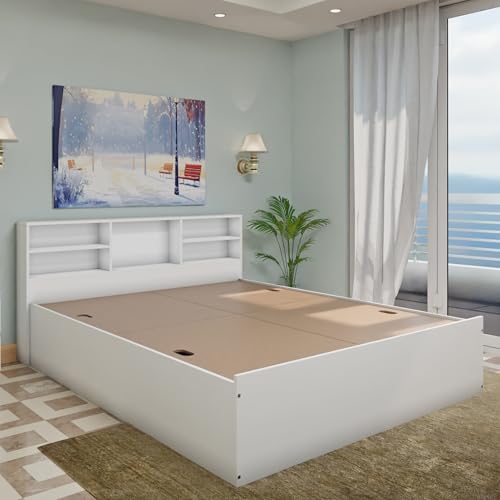 Image of VIKI Utility Queen Size Bed with Storage (78x60) | Engineered Wood Wooden Bed Frame for Bedroom | Modern Box Storage Cot | Frosty White Finish | Free Assembly | 1 Year Warranty