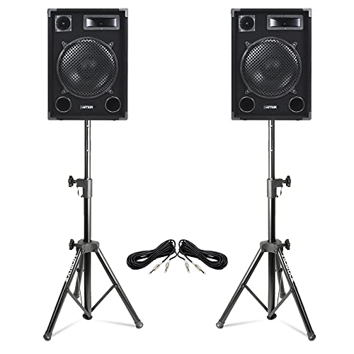 Max SP12 1400W 12 Passive DJ Speaker PA Kit with Stands and Cables – Complete Passive DJ Speakers Pair with Adjustable Tripods and 3M Jack Leads for Events, Parties, and PA Sound Systems