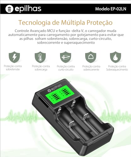 Carregador Universal USB da EPILHAS inteligente p/ 2 pilhas de Íon de Lítio/Ni-MH, modelo EP-02LN