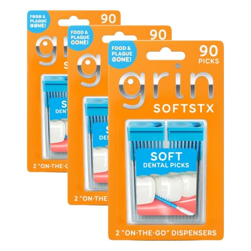 Image of GRIN Softstx, Gentle Dental Picks, 90 Count, Soft Flexible Bristles, Textured Plaque Removing Toothpick, Minty Flavor, for Between Teeth, Refillable Hygienic Case, for Braces, Bridges, and Implants