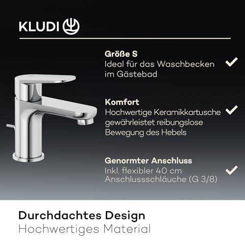 KLUDI-X1 Waschtischarmatur mit Zugstangen-Ablauf, Auslaufhöhe 75 mm, wassersparender Wasserhahn Bad Größe S, Keramikkartusche, Mischbatterie Waschbecken inkl. Anschlussschläuche in Chrom