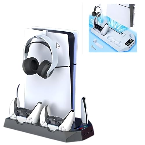 ATURIKA 【静音冷却×収納力】PS5縦置きスタンド｜Slim/Pro対応 高回転ファン搭載 コントローラー2台同時充電 省スペース設計 本体を守る (ブラック)