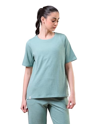 Image of TECHNOSPORT Women Relaxed Fit Cubic Melange Round Neck T-Shirt | Quick Dry Polyester Casual Tee with UPF 50+ UV Protection, Anti-Microbial & Double Cool Technology