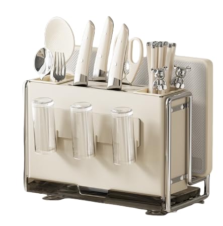 Xemuar 包丁ラック まな板 鍋蓋 箸収納ラック 家庭用多機能包丁・箸ケージラック カウンタートップモデル【マグネットフックプレート】クリーミーホワイト (カウンタートップ【マグネットカップホルダー】,クリーミーホワイト)