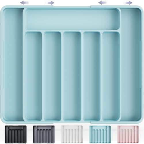 Kitsure Schubladen-Besteckkasten – verstellbarer Schubladeneinsatz aus BPA-freiem Material, Mehrzweck-Schubladen-Organizer, Küchen-Organizer, groß, blau, 34.90 x 28.40 x 4.00 cm