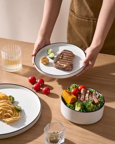 Image of Famiware Nebula Plates and Bowls Set, 24 Pieces Dinnerware Sets, Dishes Set for 8, White with Black Rim