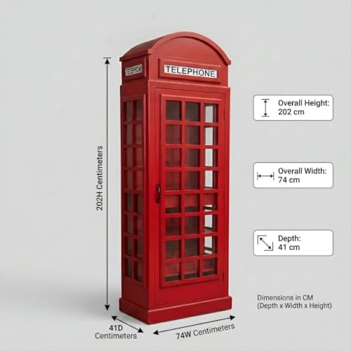 Image of Giles Vintage Telephone Booth Bar Cabinet - Solid Mango Wooden Wine Storage Cabinet with Glass Holder & Bottle Rack, Freestanding Liquor Bar Unit for Living Room, Home Decor (Red Finish)