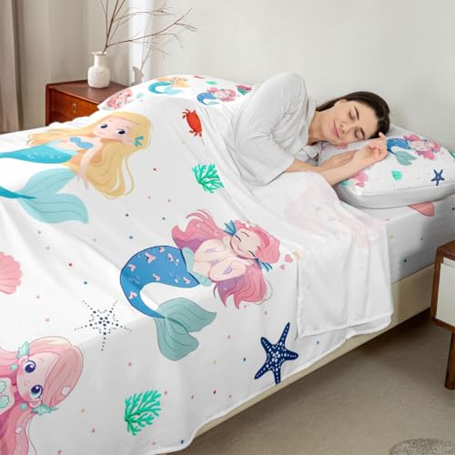 Image of jejeloiu Mermaid Bed Sheets Set Full Size Mermaid Tail Deep Pocket Fitted Sheet Sea Animal Bedding Sets Ocean Theme Soft Bed Set 4Pcs with 2 Pillow Cases