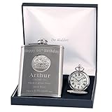 Engraved 60th Birthday Pewter Horse Racing Feature Mother of Pearl Pocket Watch and Hip Flask Gift Set