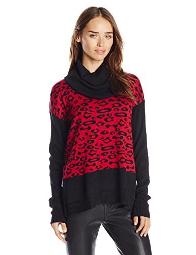 Buffalo David Bitton Women's Bejack Cowl Neck Leopard Print Pullover Sweater, Black/Red, Small