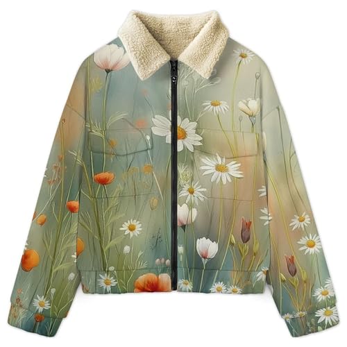 Manteau polaire sherpa blouson pour femme avec motif plantes oniriques veste chaude d'hiver
