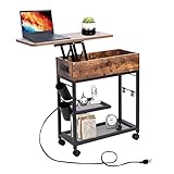 Colima Lift Top End Table with Charging Station and Wheels, Mobile Narrow Hidden Storage Sofa Side T