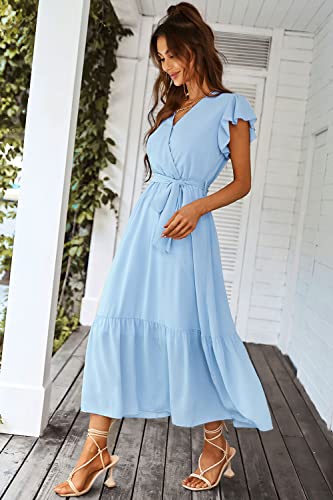 PRETTYGARDEN Women's Summer Floral Boho Maxi Dress Wrap Short Sleeve V Neck Ruffle A-Line Flowy Wedding Guest Long Dresses