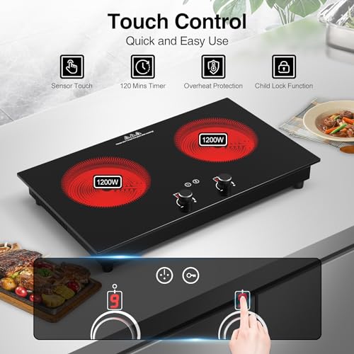 Image of VBGK Electric Cooktop,2400W Electric Stove Top,Countertop and Built-in Hot Plate with Child Safety Lock, Timer, LED touch Knob Control,Overheat Protection,110V 2 Burner Induction Cooktop