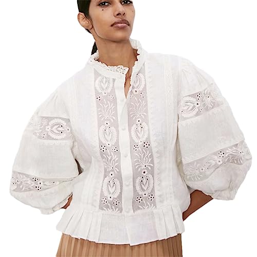 Women's White Lace Shirts Floral Embroidery Summer Blouses Puff Sleeve
