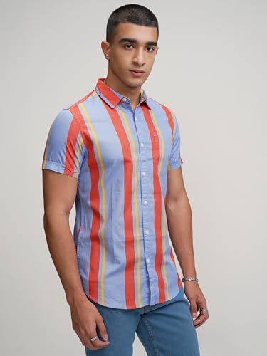 Image of Highlander Men's Casual Shirt | Striped | Slim Fit | Short Sleeves | Vertical Stripes a Sleek Look