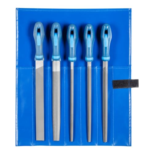 PFERD TOOLS Werkstattfeilen-Set in PVC-Rolltasche, 5 Feilen, Kreuzhieb H1, 250mm, 11800541 – für die grobe Zerspanung und zum Schruppen geeignet, Länge 250mm