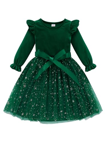Naiyafly Toddler Girls Dress Velvet Ruffle Long Sleeve Kids Sparkle Sequins Tulle Tutu Christmas Dress Holiday Festive Wedding Party Birthday Fall Winter Princess Dress Outfit 2-7 Years Green
