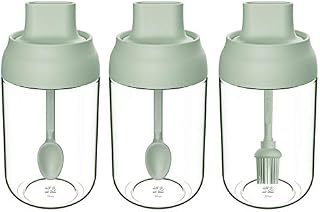 All-Pie Seasoning Box Set of 3 Spice Jars 8.45 oz Salt Sugar Glass Condiment Pots Transparent Storage Container with Spoon, Olive Oil Bottle with Brush, Sealed against moisture (Green)