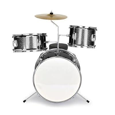3-Piece Junior Kids Drum Set, Black, 14x10 Inch Bass Drum, Snare, Tom, with Cymbal, Stool, Pedal and Drumsticks