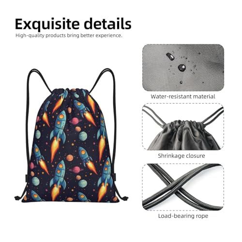 Drawstring Backpack - Cartoon Space Rocket Print Sports Gym Sackpack String Bag For Women Men, Lightweight Draw String Back Bag For Workout Travel3