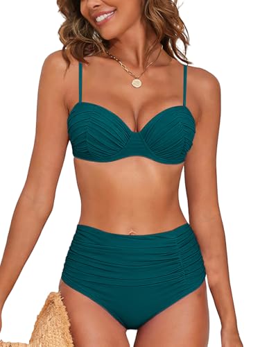 NLAND Conjunto de Bikini de 2 Piezas para Mujer Traje de Baño Push Up Conjunto Bañador Control de Vientre de Cintura Alta Sexy Bikini Sets(Verde,L)