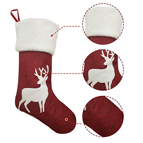 Vanteriam 19 inch Large Christmas Stockings 4 Pack, Red Burlap Christmas Stockings with Reindeer and Plush Faux Fur Cuff for Family Holiday Xmas Party Decorations - Thumbnail 4