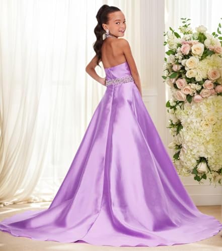Flower Girls Satin Rhinestone Pageant Dresses Princess A Line Halter Birthday Formal Party Communion Gowns for Teens2
