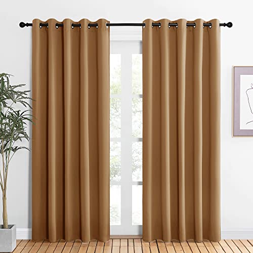NICETOWN Blackout Draperies Curtains for Kids Room, Window Treatment Thermal Insulated Solid Grommet Blackout Drape Panels for Bedroom (Gold Brown, Se