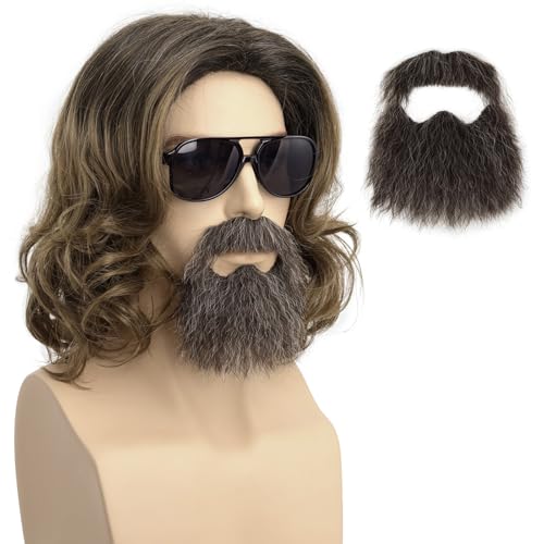 FYXZHUO Brown Short Curly Wig with Glasses and Beard Mens Cosplay Wig for Halloween Costume Party