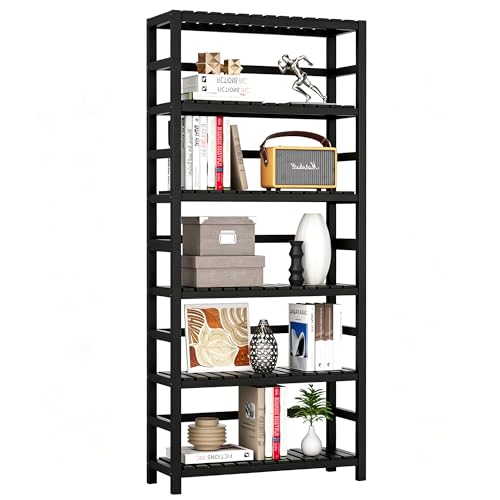 VASMIA 6-Tier Bamboo Shelf,Bamboo Storage Shelving Unit,Tall Bookcase with Adjustable Shelves,Multipurpose Storage Display Shelf for Bathroom, Living Room, Balcony, Kitchen,Black