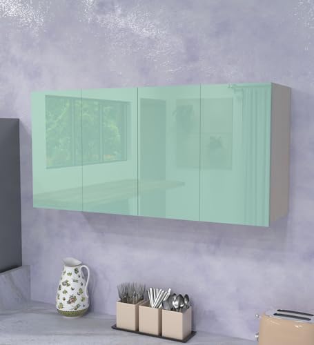 Image of SPECIALITY PANELS 4 Door Wall Cabinet with UV Profile Shutter | Wall Mounted Storage Cabinet for Kitchen Bathroom Living Room | Wooden Wall Cabinet Organizer Mint Finish DIY Assembly